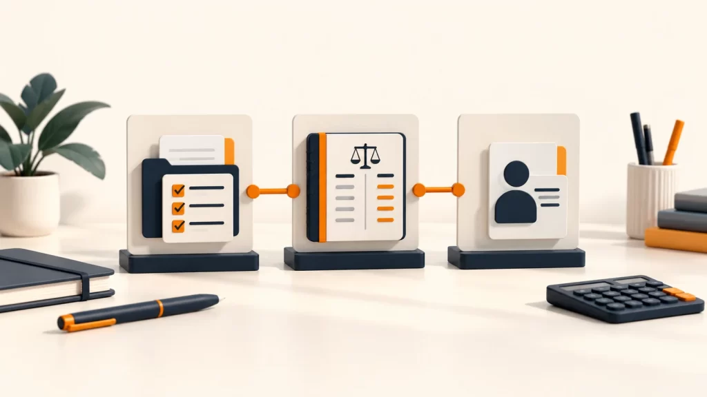 Büro yönetimi, mali tablolar ve personel kayıtlarını temsil eden üç bağlantılı modül